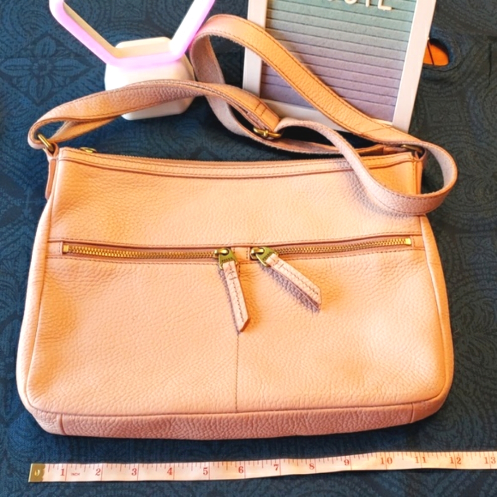 Pink Fossil Leather Double Zip Crossbody Purse